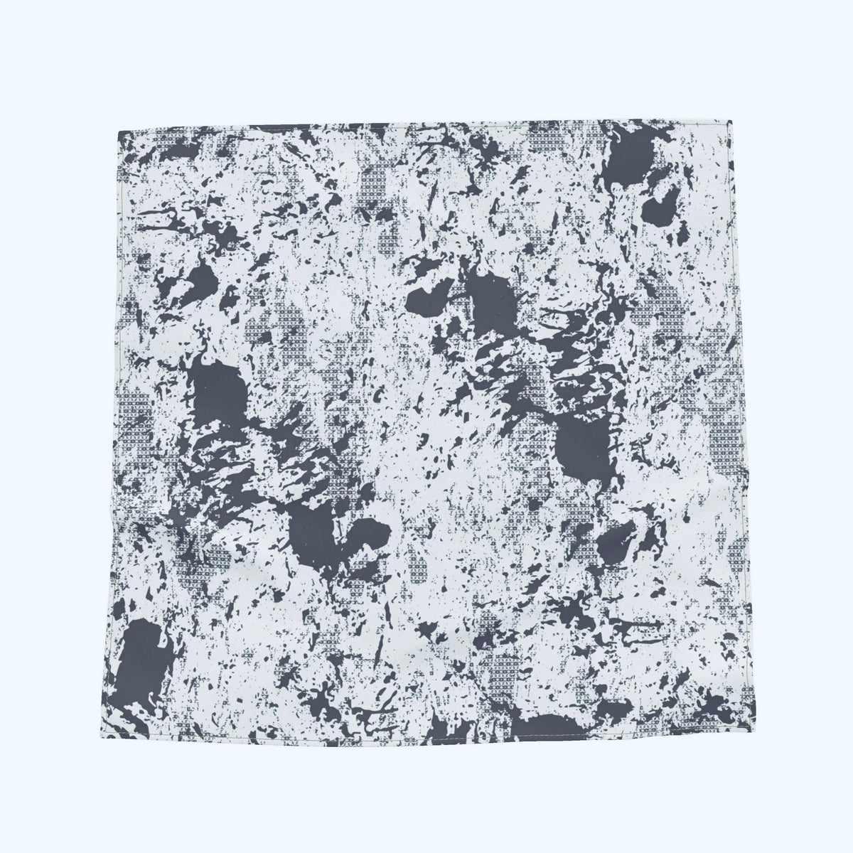 A square scarf featuring a distressed, grunge-style abstract pattern in black and off-white.