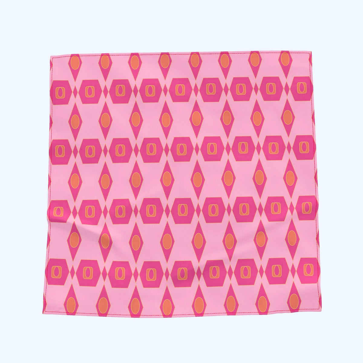 A square pink bandana or pocket square featuring a retro geometric pattern of magenta and orange diamonds with yellow accents, displayed flat against a light white background.